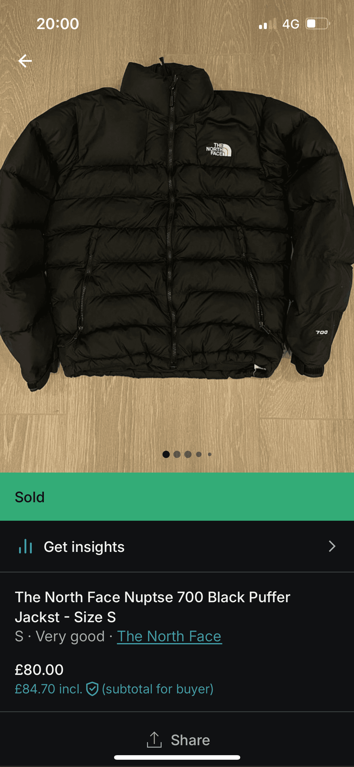 TNF Nuptse 700 — sold for £80