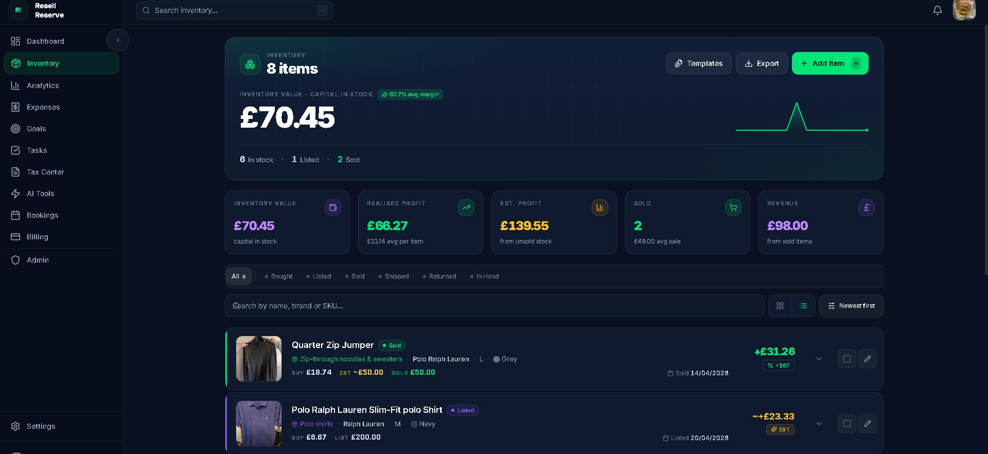 Resell Reserve web app — inventory dashboard